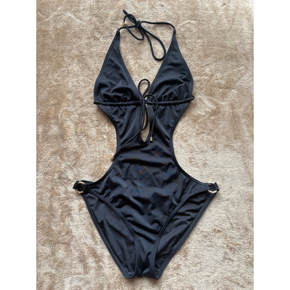 Victorias Secret Womens Black Cutout Monokini Plunge Swimsuit Size M Gold Rings